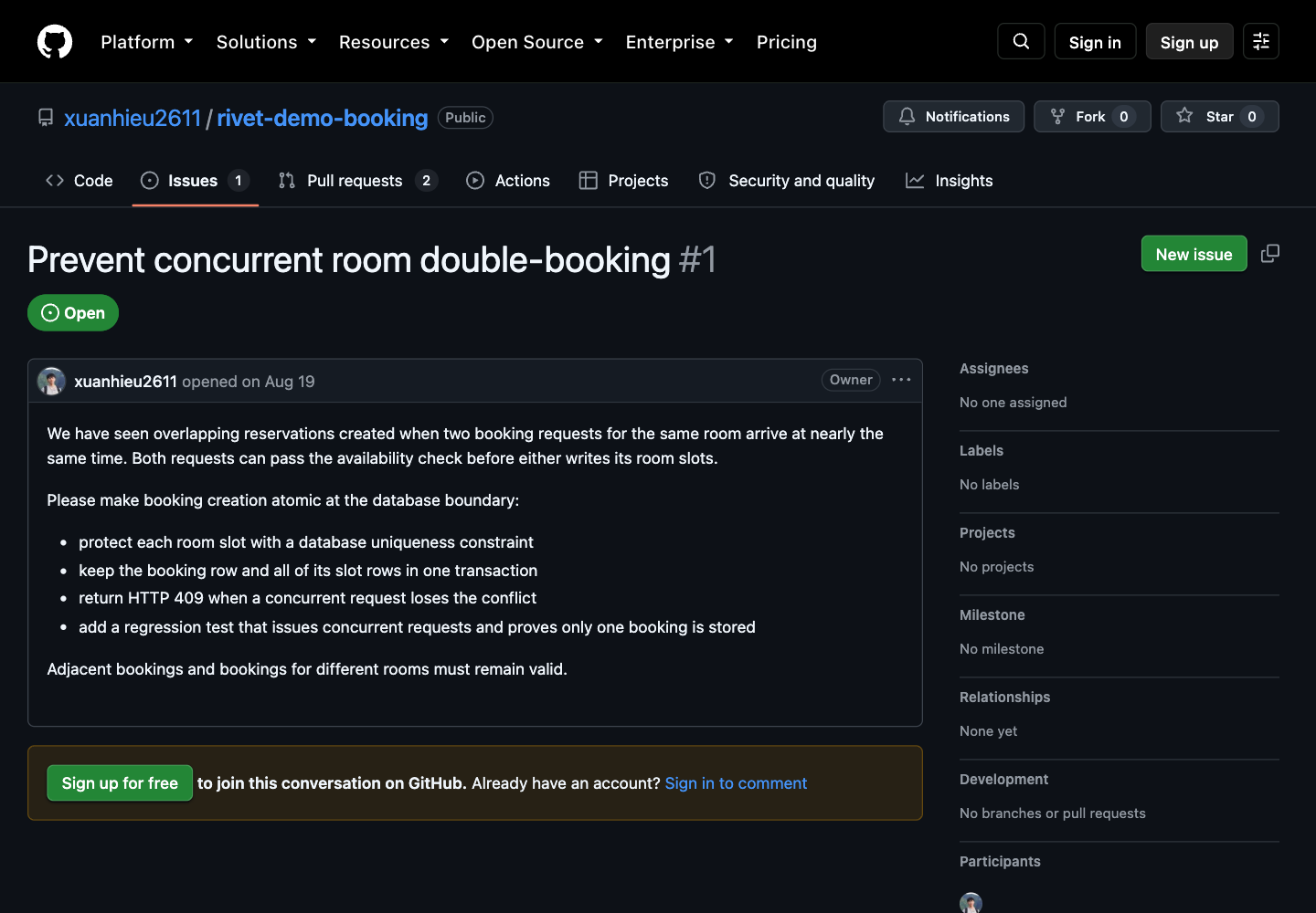 The GitHub issue Rivet was given: prevent concurrent room double-booking