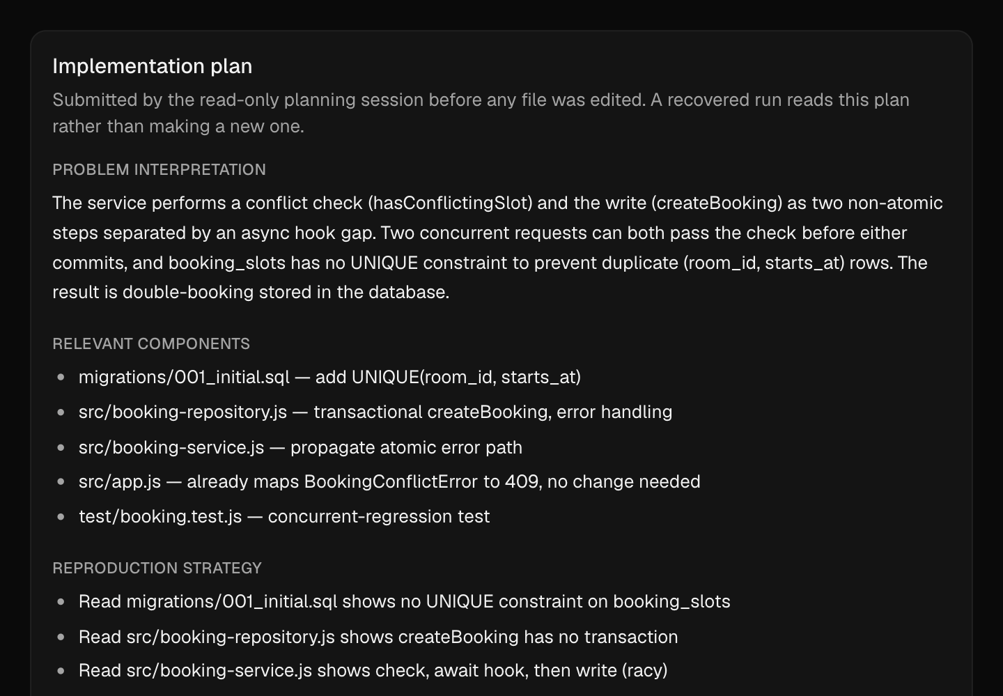 Rivet's implementation plan panel with problem interpretation and relevant components