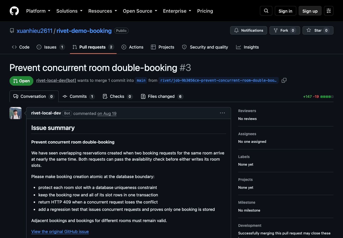 The pull request Rivet opened on GitHub for the double-booking fix