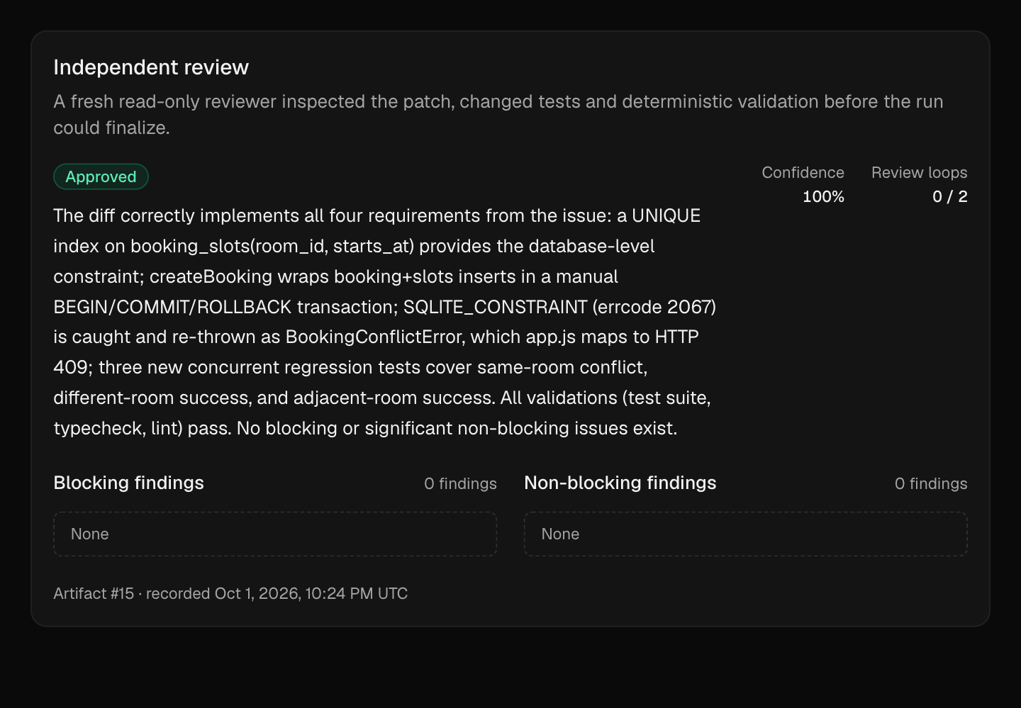 Rivet's independent review panel showing an approval with no blocking findings